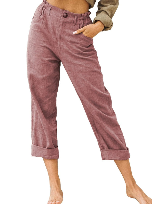 Solid Color Casual Elastic High Waist Straight Trousers
