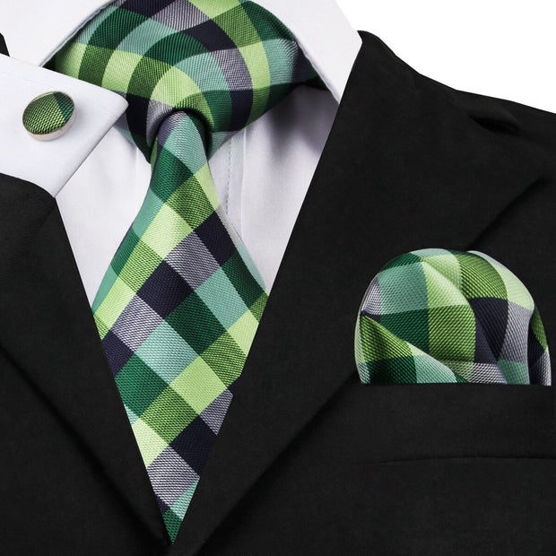 Fashion Green Plaid Men Tie Set Silk Jacquard Necktie Wedding Business