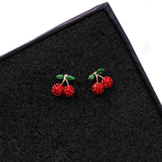 Red Cherry Strawberry Ear Stud Earrings Glitter Rhinestone Cute Fruit Dangler for Women