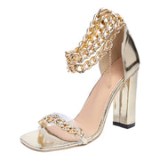 Gold-Tone Chain Embellished Ankle Strap High Heel Sandals for Women