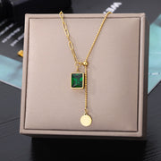 Layered Green Geometry Stone Pendant Clavicle Chain Necklace Stainless Steel Necklaces