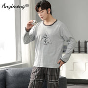 Autumn Long Sleeve Pajamas Set for Men Plus Size Sleepwear Kinttied Cotton Pajama