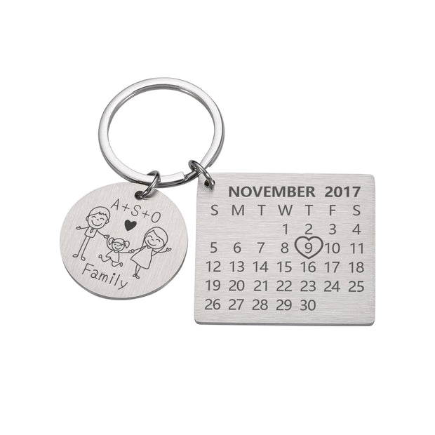 Personalized Custom Key Chain Ring Engraved Calendar Date Stainless Steel Keyring