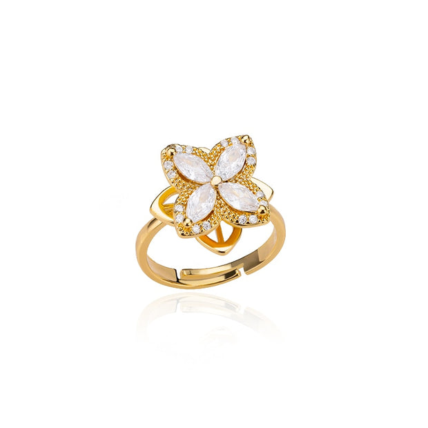 Zircon Rotatable Four Leaf Clover Anxiety Rings For Women Stainless Steel Anti-Stress