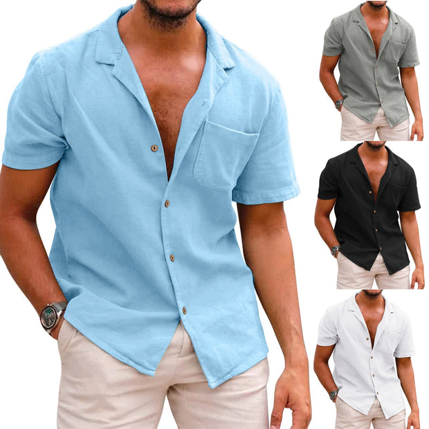 Male Soild Colour Blouse Cotton Linen Button Down Holiday Beach Shirt