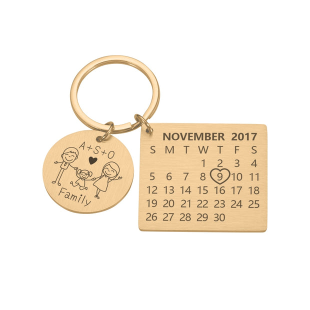 Personalized Custom Key Chain Ring Engraved Calendar Date Stainless Steel Keyring