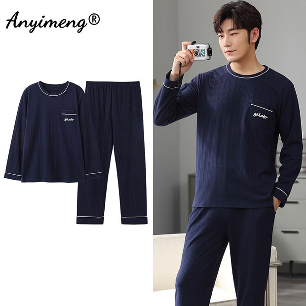 Autumn Long Sleeve Pajamas Set for Men Plus Size Sleepwear Kinttied Cotton Pajama