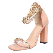 Gold-Tone Chain Embellished Ankle Strap High Heel Sandals for Women