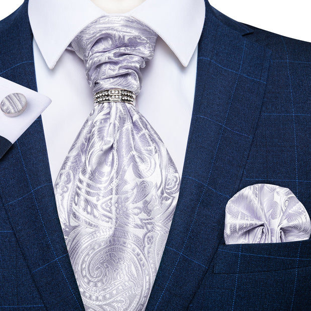 Silver Paisley Silk Ascot Tie Set Wedding Party Cravat White Ties