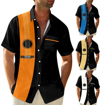 Male Summer Casual Musical Instrument Print Shirt Short Sleeve K