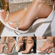 Gold-Tone Chain Embellished Ankle Strap High Heel Sandals for Women