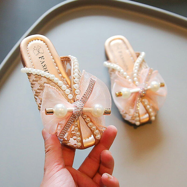 Jlong Children Pearl Mesh Butterfly Bow Sandals with Soft Anti-Slip Sole