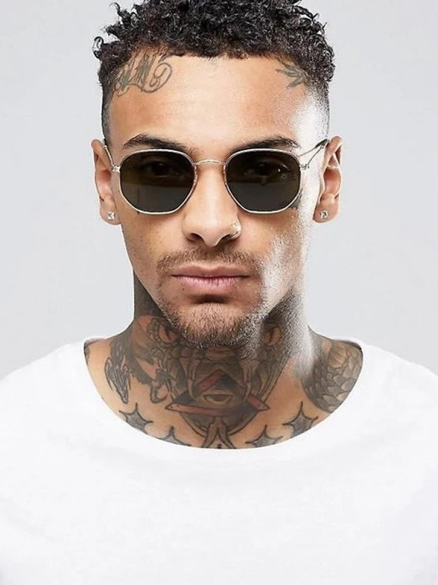 Hexagon Sunglasses Men Brand Designer Small Square Sunglases Metal Frame