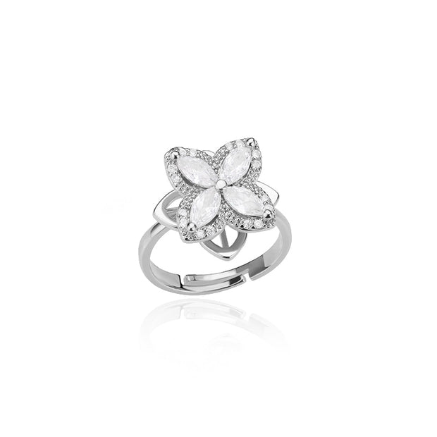 Zircon Rotatable Four Leaf Clover Anxiety Rings For Women Stainless Steel Anti-Stress