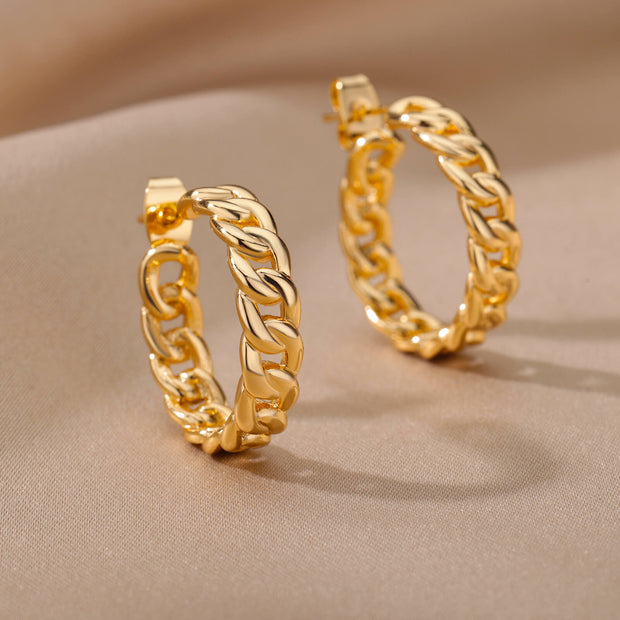 Cuban Link Chain Round Stud Earrings for Women Stainless Steel Gold Plated