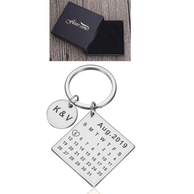 Personalized Custom Key Chain Ring Engraved Calendar Date Stainless Steel Keyring