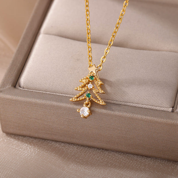 Zircon Christmas Tree Necklace For Women Chain Stainless Steel Necklace