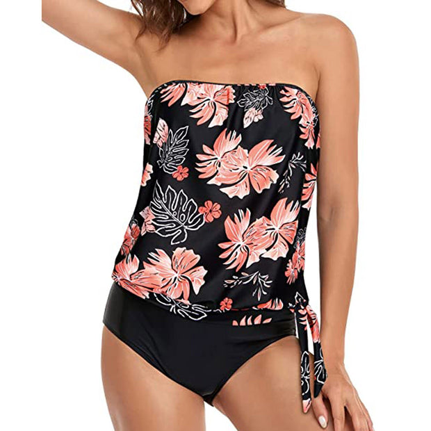 Floral Printed Two Piece Bandeau Tankini Swimsuits For Women