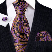 3PC Fashion Luxury Dark Floral 100% Silk Tie Gifts For Men Suit