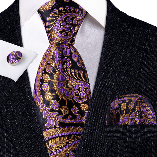 3PC Fashion Luxury Dark Floral 100% Silk Tie Gifts For Men Suit