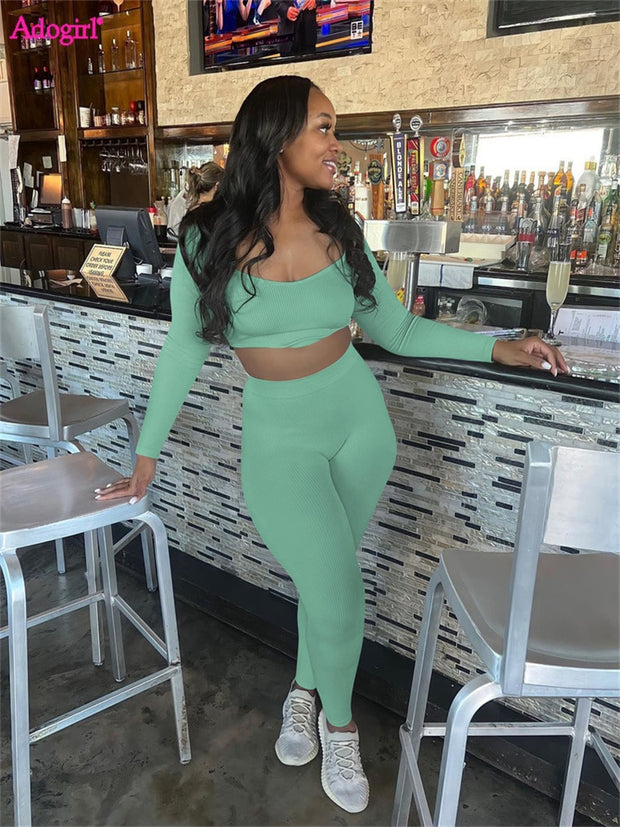 Adogirl Solid Ribbed Two Piece Set Women Outfits Long Sleeve Crop Top High Waist