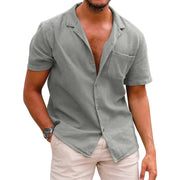 Male Soild Colour Blouse Cotton Linen Button Down Holiday Beach Shirt