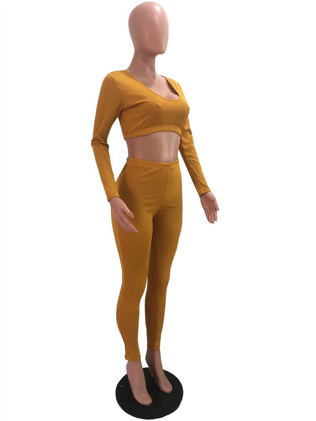 Adogirl Solid Ribbed Two Piece Set Women Outfits Long Sleeve Crop Top High Waist