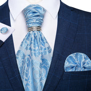 Silver Paisley Silk Ascot Tie Set Wedding Party Cravat White Ties