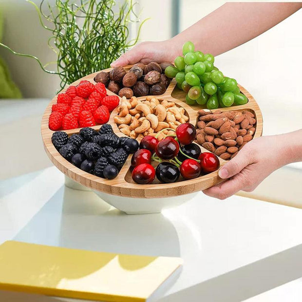 Bamboo Nuts Storage Platter Tray Appetizer Tray 5 Dining Grids