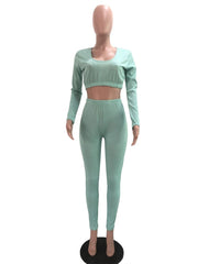Adogirl Solid Ribbed Two Piece Set Women Outfits Long Sleeve Crop Top High Waist