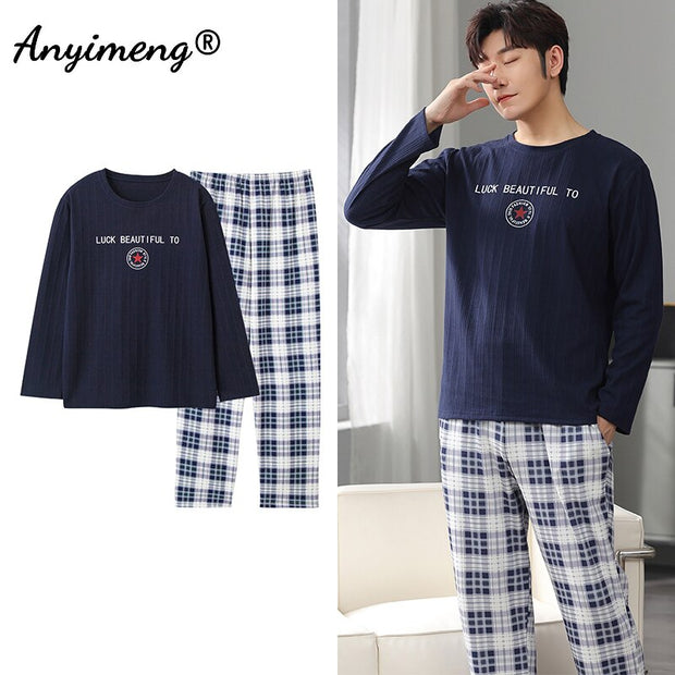 Autumn Long Sleeve Pajamas Set for Men Plus Size Sleepwear Kinttied Cotton Pajama
