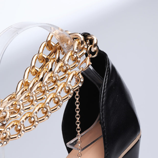 Gold-Tone Chain Embellished Ankle Strap High Heel Sandals for Women