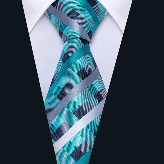 Fashion Green Plaid Men Tie Set Silk Jacquard Necktie Wedding Business
