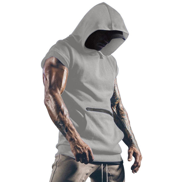Summer Men Hooded Tank Top Solid Color Short Sleeve Vest Tops