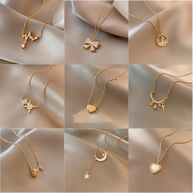 Classic Gold Color Titanium Steel Necklace For Women Jewelry Crystal Pearl Beads