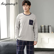 Autumn Long Sleeve Pajamas Set for Men Plus Size Sleepwear Kinttied Cotton Pajama