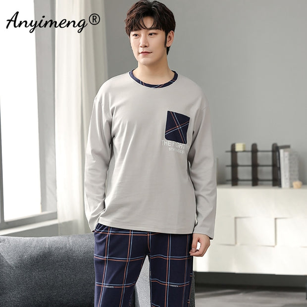 Autumn Long Sleeve Pajamas Set for Men Plus Size Sleepwear Kinttied Cotton Pajama