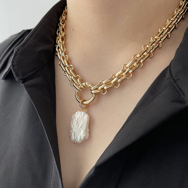 Large Square Natural Freshwater Pearl Pendant Chunky Chain Necklace