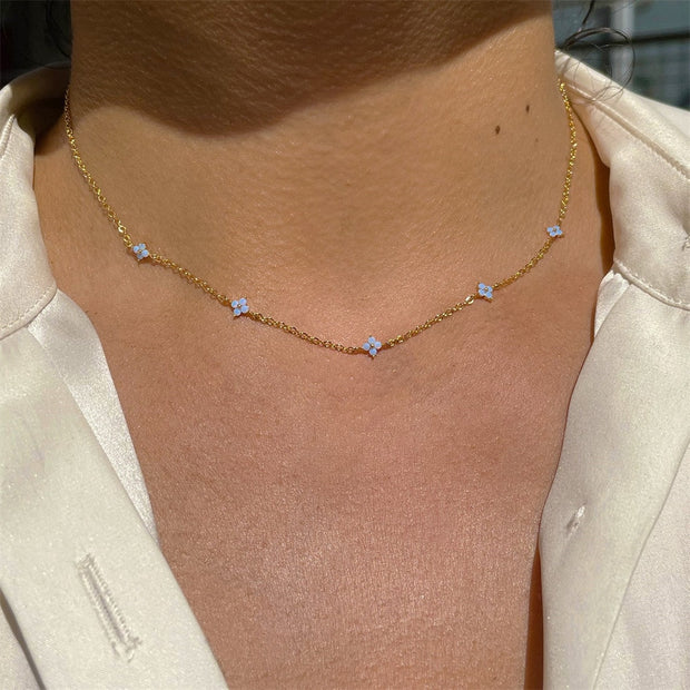 New Design Tiny Blue Flower Necklace for Women Gold Color Cute Pendant Necklace