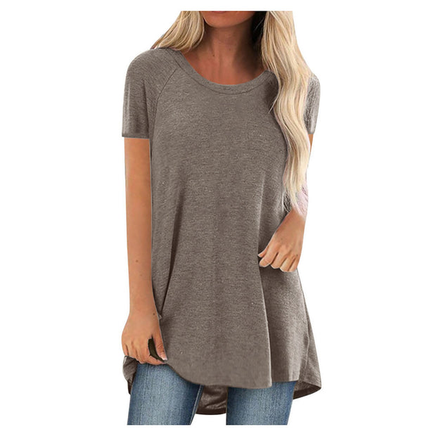 Tunic Soild Fashion Long Shirts Round Neck Short Sleeve Casual Blouses