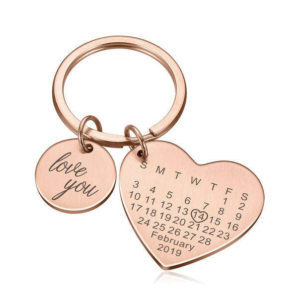 Personalized Custom Key Chain Ring Engraved Calendar Date Stainless Steel Keyring