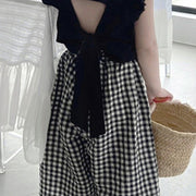 2Pcs Baby Girl Clothing Set Little Flying Sleeves Top And Plaid Wide Leg Pants