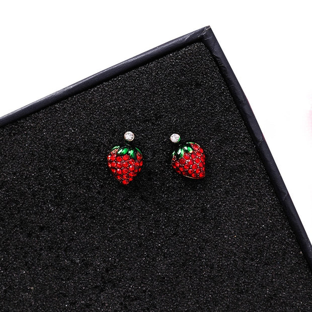 Red Cherry Strawberry Ear Stud Earrings Glitter Rhinestone Cute Fruit Dangler for Women
