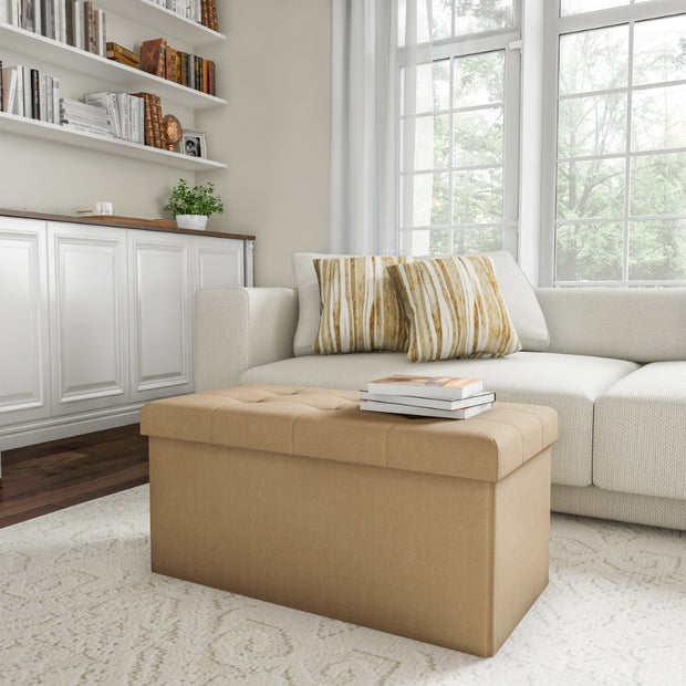 Rectangular Foldable Storage Bench Ottoman, Beige Bench  Furniture