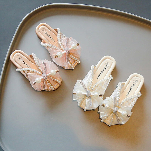 Jlong Children Pearl Mesh Butterfly Bow Sandals with Soft Anti-Slip Sole