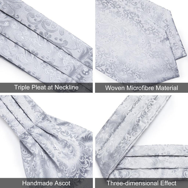 Silver Paisley Silk Ascot Tie Set Wedding Party Cravat White Ties