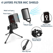 USB Condenser Microphone Professional Studio DJ Recording Streaming Mic With Pop Filter