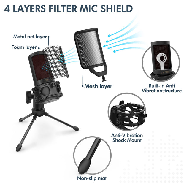 USB Condenser Microphone Professional Studio DJ Recording Streaming Mic With Pop Filter