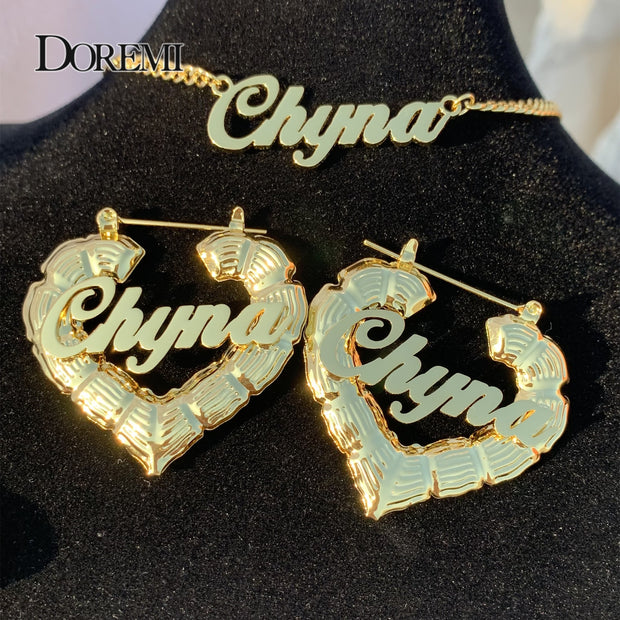 DOREMI Name Earrings and Necklace set Heart Bamboo Earrings 3MM Cuban Chain Custom