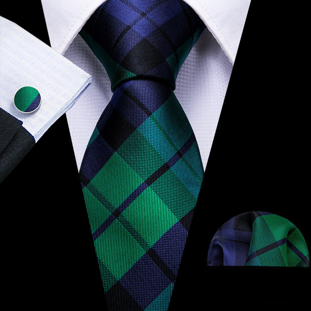 Fashion Green Plaid Men Tie Set Silk Jacquard Necktie Wedding Business